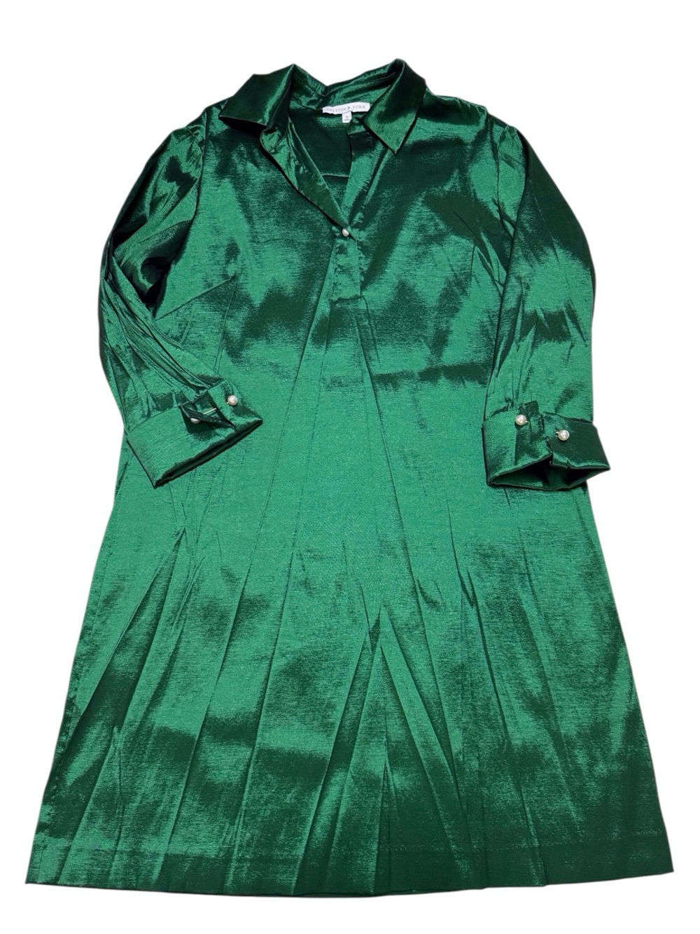 Preston & York Emerald Green TAFFETA Dress Long Sleeve PEARL Button French Cuffs